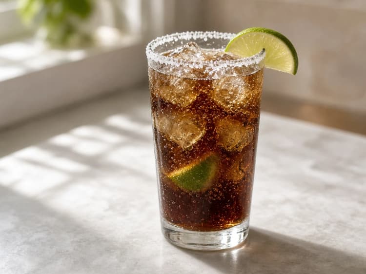 Batanga in a salt-rimmed highball with cola, lime, and ice.