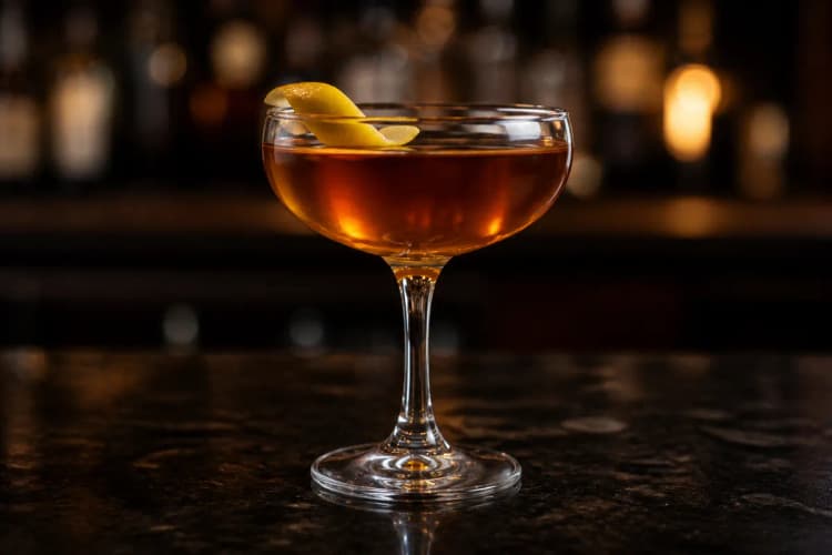 Bobby Burns served in a chilled coupe, amber-brown in color, garnished with a lemon twist.
