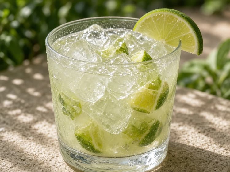 Caipirinha in a rocks glass over cracked ice with muddled lime wedges in dappled sunlight.