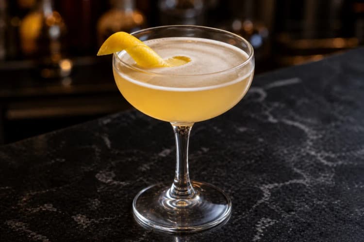 Champs-Élysées served in a chilled coupe, pale gold in color, garnished with a lemon twist.