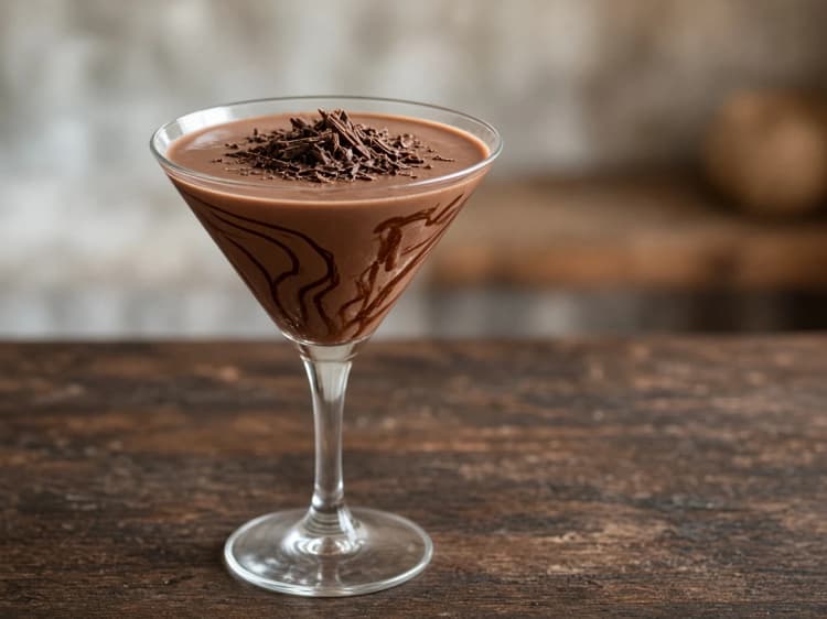 Chocolate Martini in a cocktail glass with a chocolate syrup swirl and chocolate shavings.
