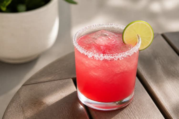 Cranberry Margarita in a rocks glass over ice, red-pink, optional salt rim.