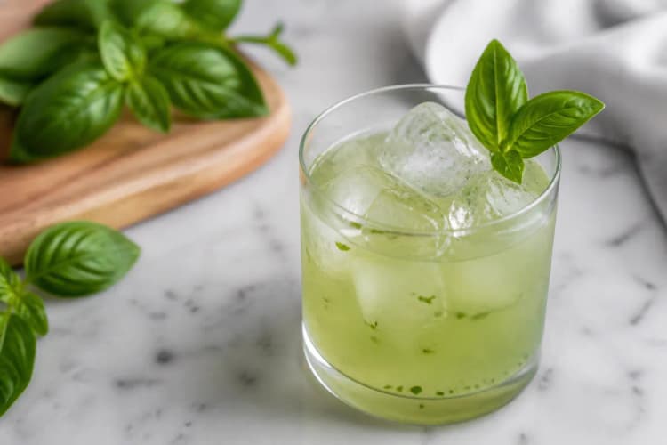 Gin Basil Smash in a rocks glass over ice, pale green tint, basil sprig.