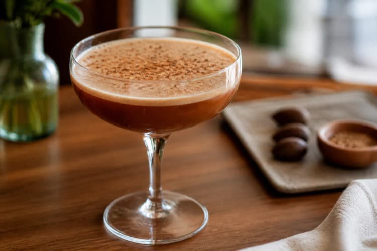 Gingerbread Martini in a coupe, light brown, spice dusting.