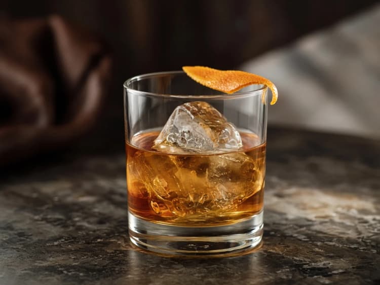 Godfather in a rocks glass over a large ice cube with an orange peel.