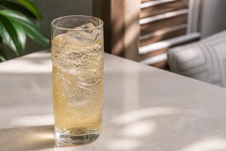 Japanese Highball in a tall highball with clear ice spears, pale gold, no garnish or lemon twist optional omit.