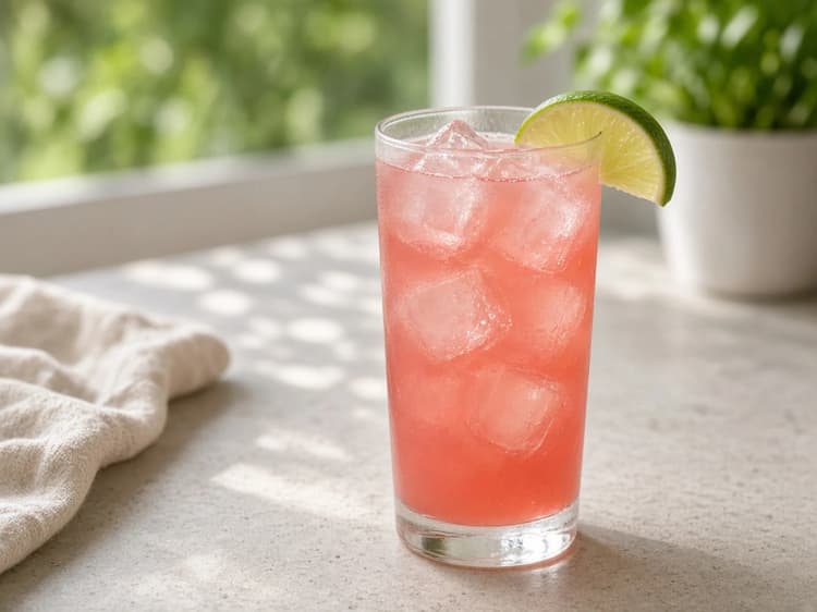 Madras in a highball over ice with coral cranberry-orange color and a lime wedge.