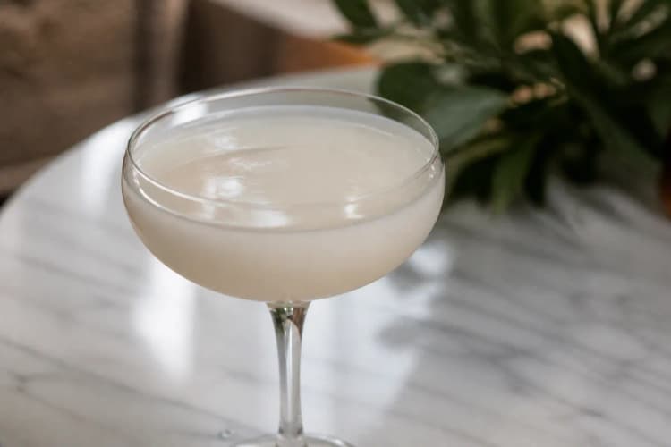 Peppermint Martini in a coupe, pale creamy white, ungarnished.