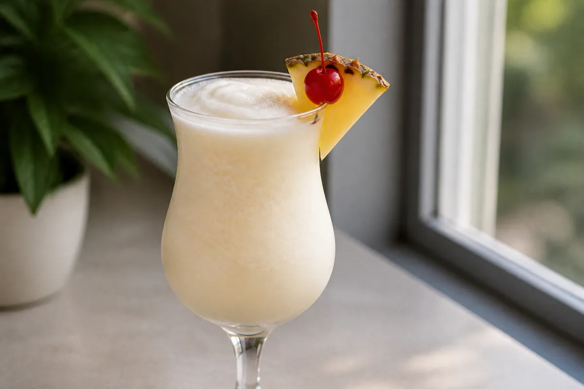 A Piña Colada in a hurricane glass with a pineapple wedge and cherry.