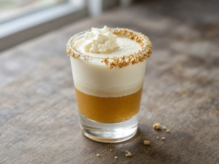 Pumpkin Pie Shot in a shot glass, layered cream over amber liqueur, graham rim, whipped cream.