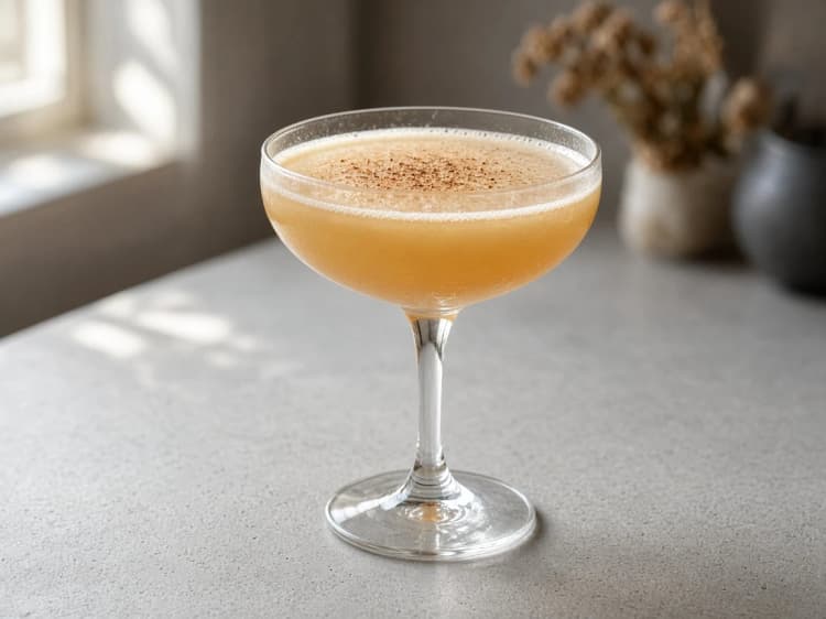 Pumpkin Whiskey Sour in a coupe, pale amber with a thin foam line and light nutmeg.