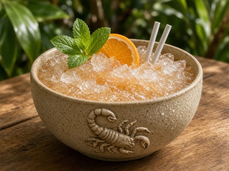 Scorpion in a ceramic bowl over crushed ice with mint sprig and orange slice.
