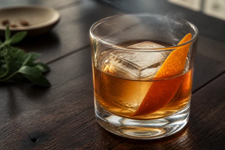 Smoked Old Fashioned in a rocks glass over a large ice cube, amber, orange peel, faint smoke.