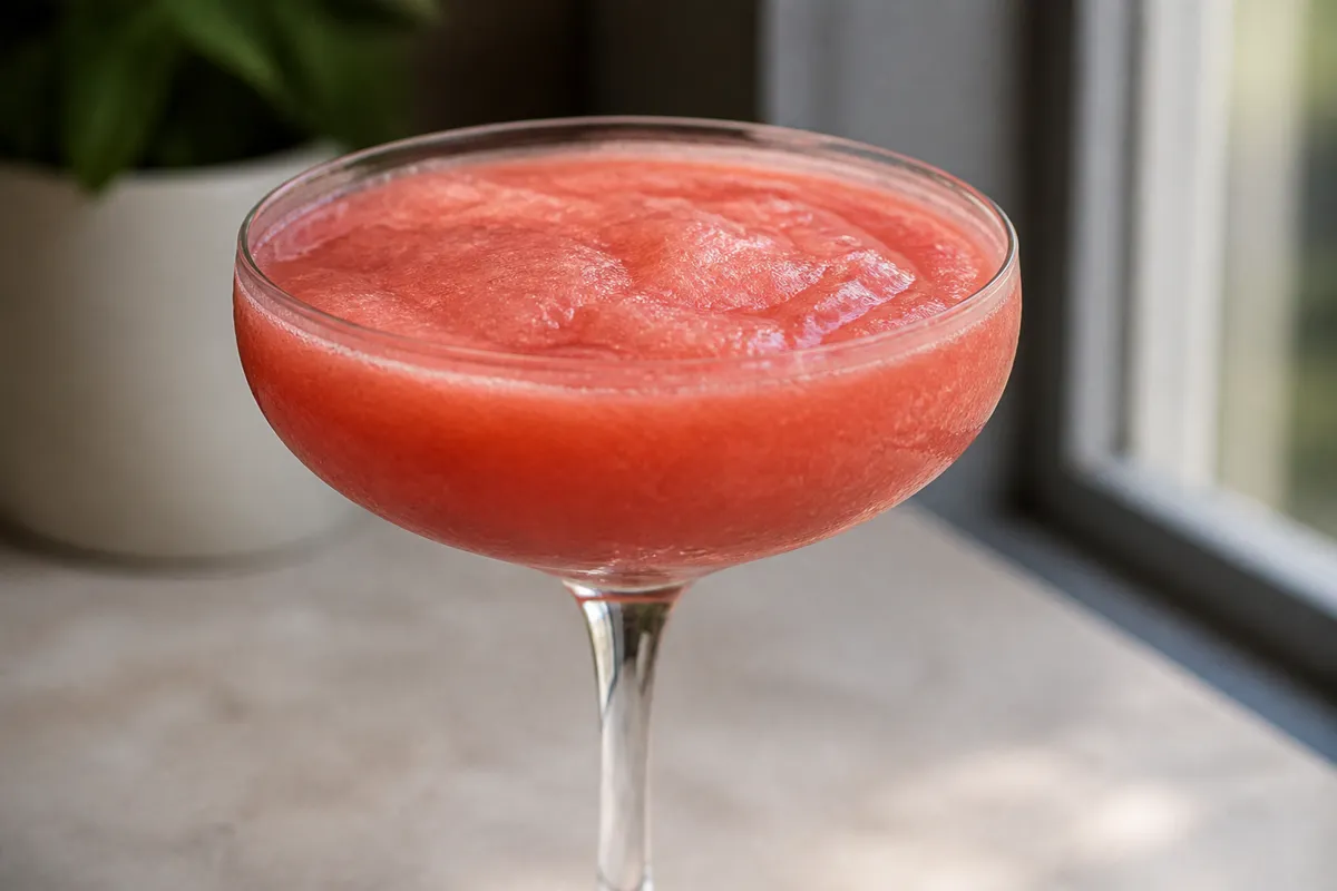 Strawberry Daiquiri served frozen in a coupe, pink-red slush texture, garnished with a strawberry.