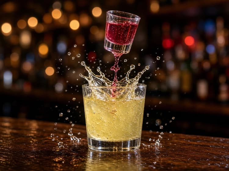 Vegas Bomb shot dropping into a glass of energy drink on a bar top.