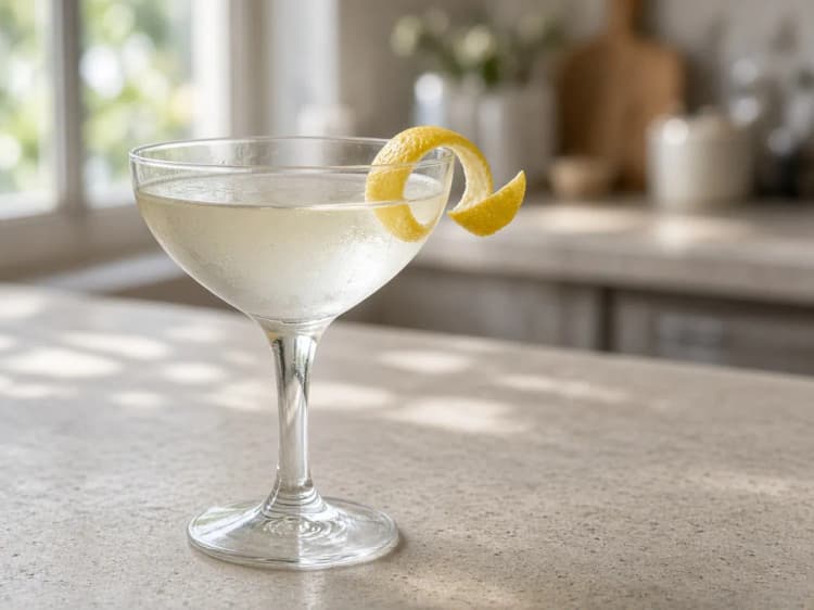 Vesper Martini in a coupe glass with a curled lemon peel, pale and clear on a light stone surface.