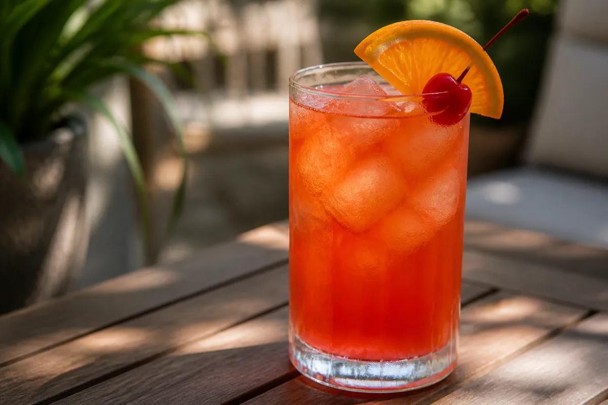 Alabama Slammer served in a highball glass over ice, deep orange-red, garnished with an orange slice.