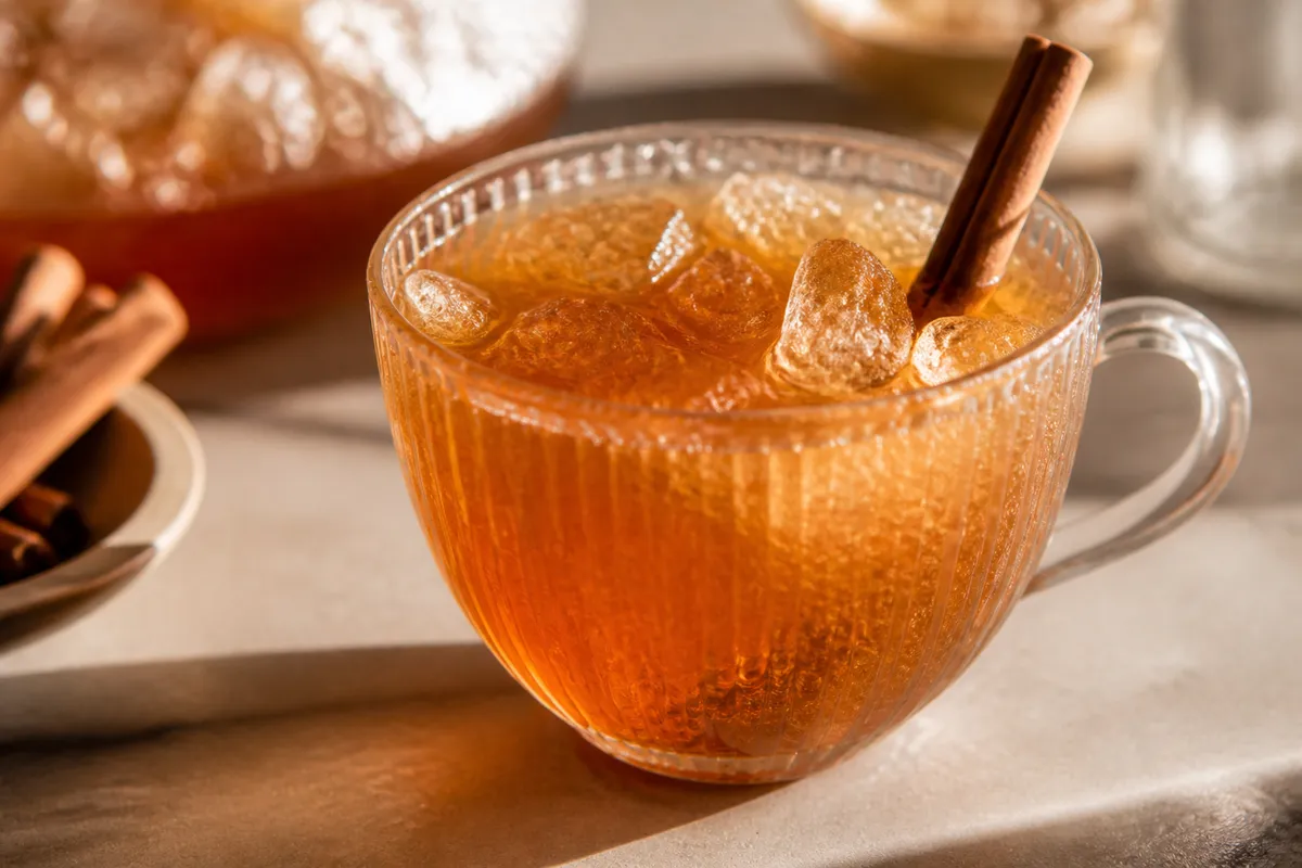 Apple Cider Punch in a punch cup over ice, golden amber, cinnamon stick.