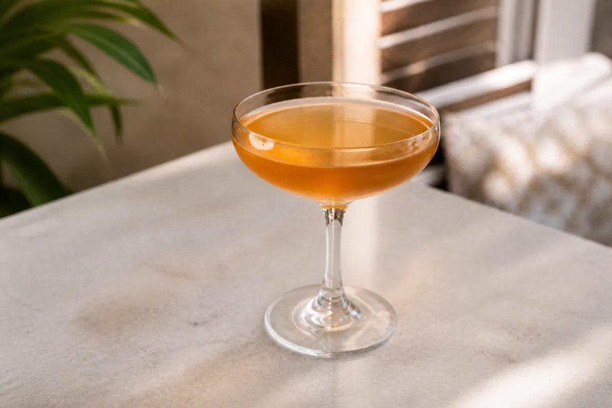 Applejack Rabbit in a chilled coupe, golden amber, ungarnished.