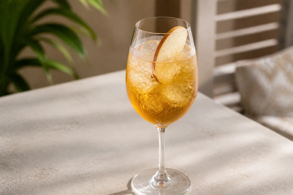 Autumn Spritz in a wine glass over ice, amber-gold, apple slice garnish.