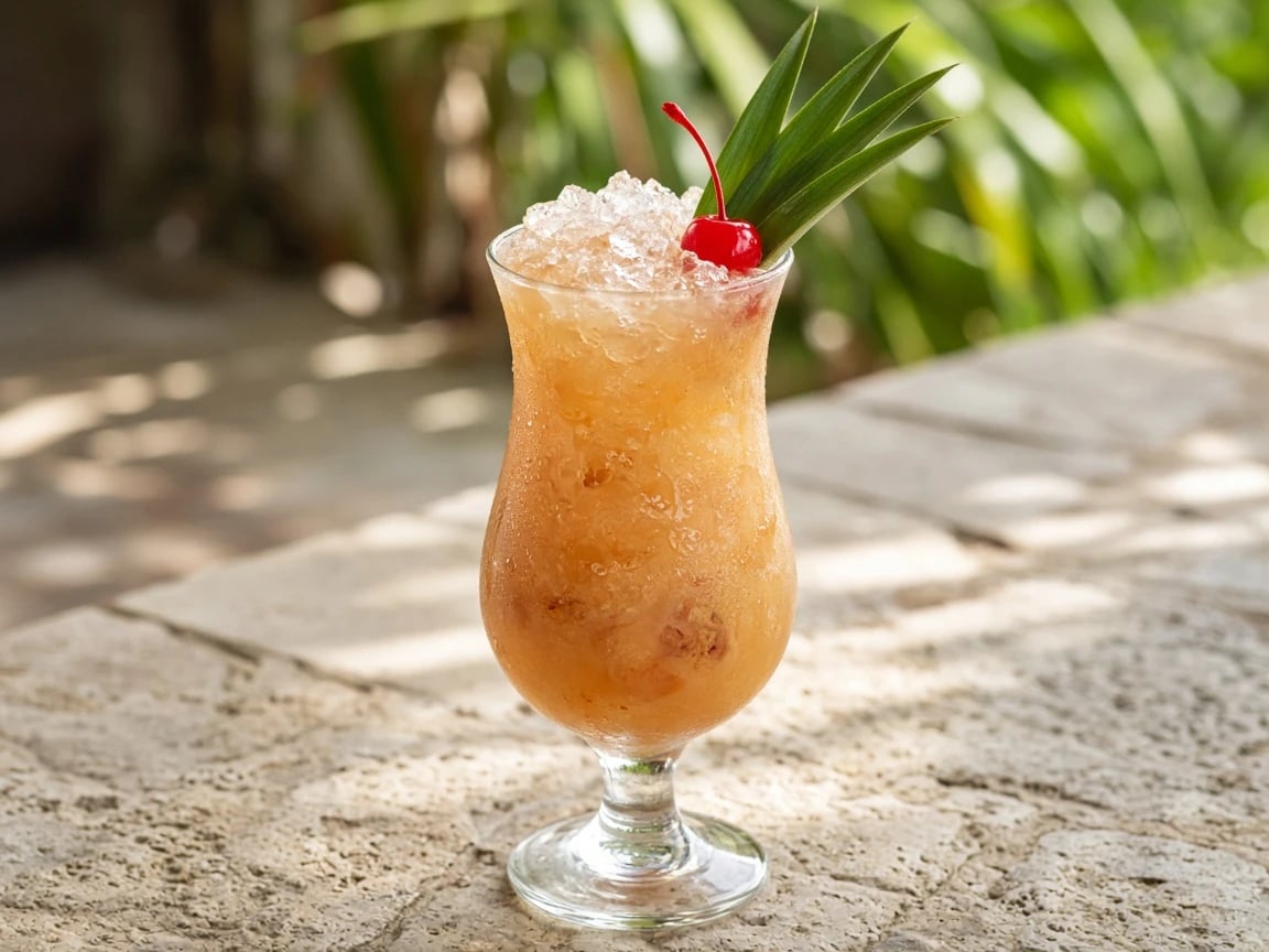 Bahama Mama in a hurricane glass with crushed ice, pineapple leaf, and cherry.