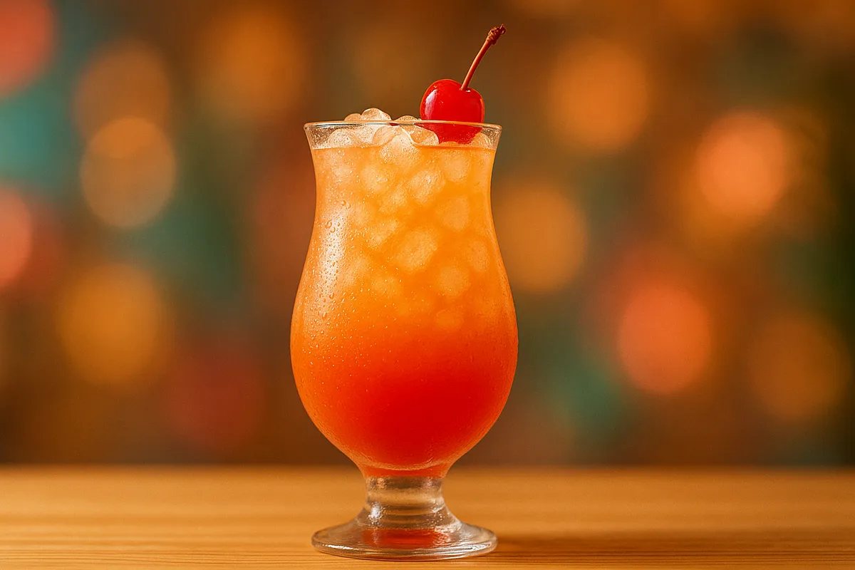 A Bahama Mama with crushed ice, pineapple leaf, and cherry.