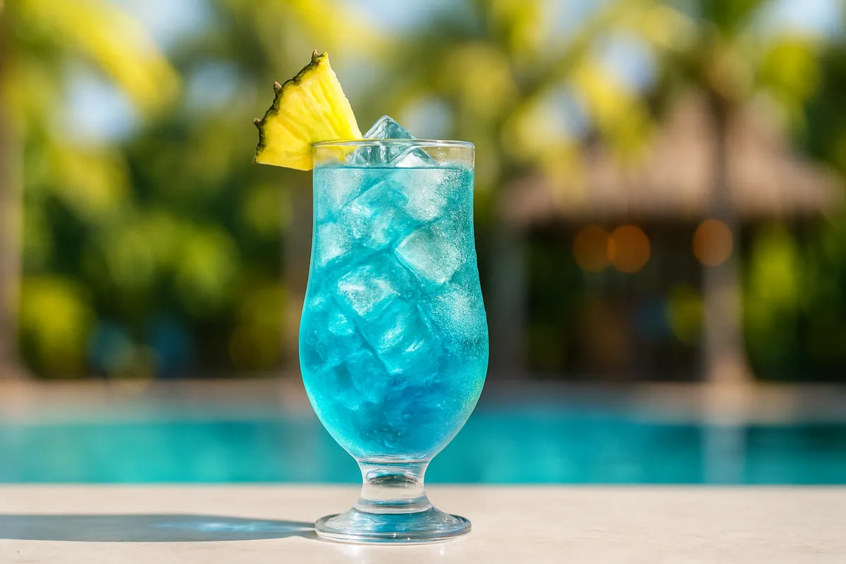 A Blue Hawaii with electric-blue color, pineapple wedge, and cherry.