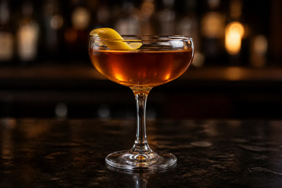 Bobby Burns served in a chilled coupe, amber-brown in color, garnished with a lemon twist.