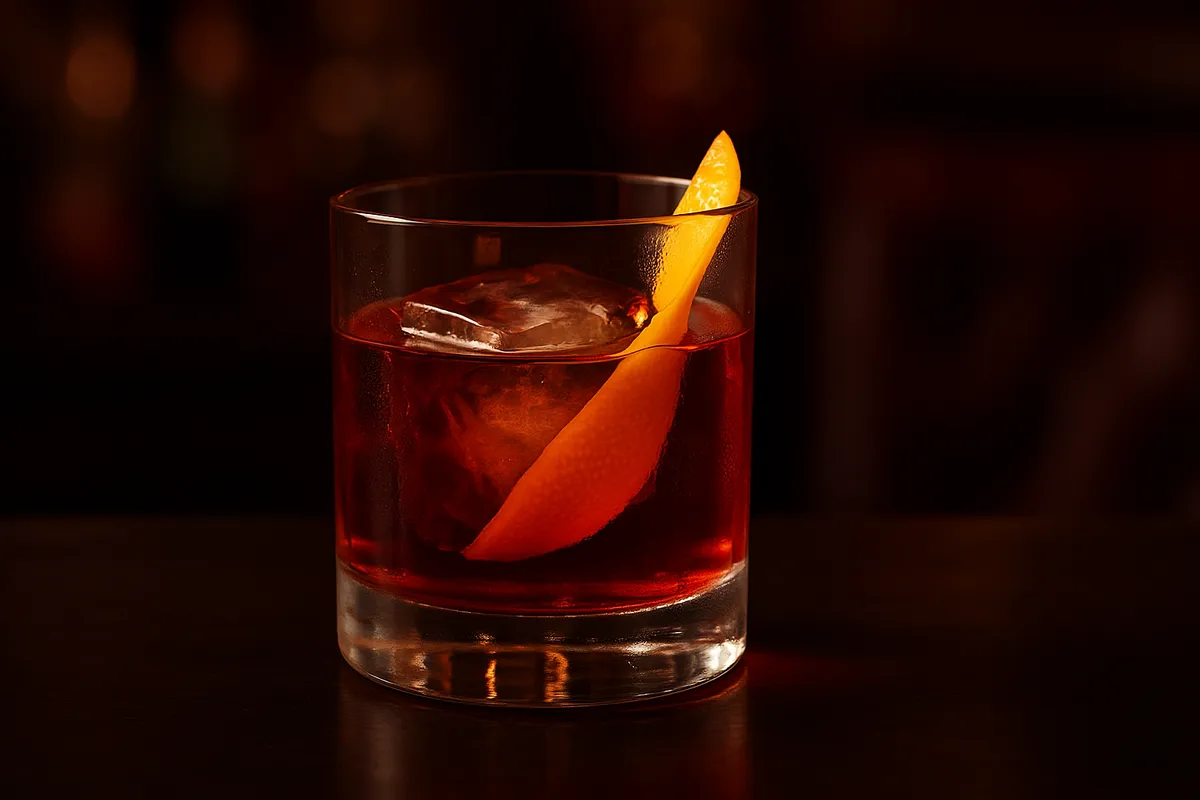 Boulevardier served in a rocks glass over a large ice cube, deep red in color, garnished with an orange peel.