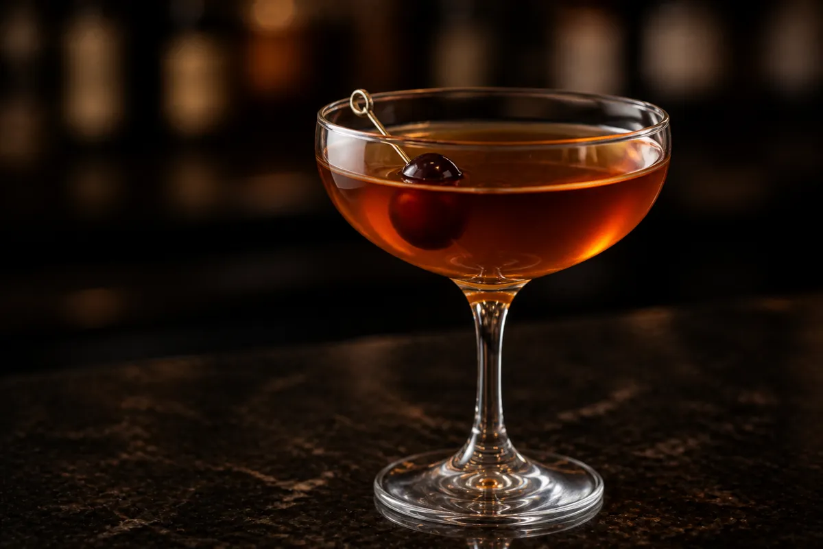 Brooklyn served in a chilled coupe, amber in color, garnished with a brandied cherry.