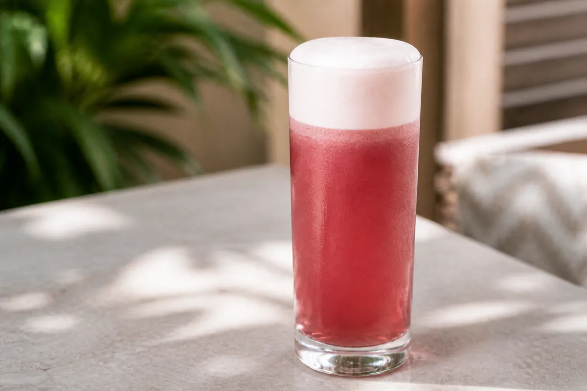 Chicago Fizz in a Collins glass, pink-ruby body under white foam, ungarnished.