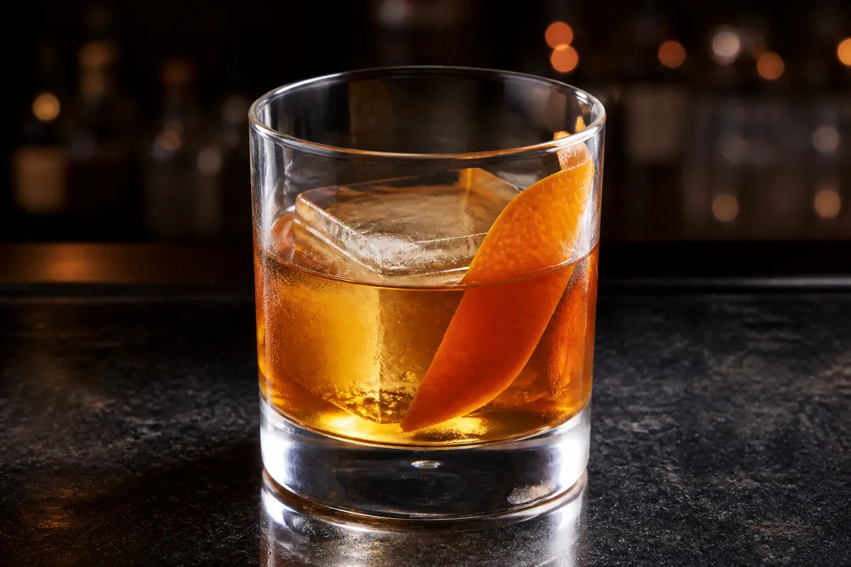 Fancy Free served in a rocks glass over a large ice cube, amber in color, garnished with an orange twist.