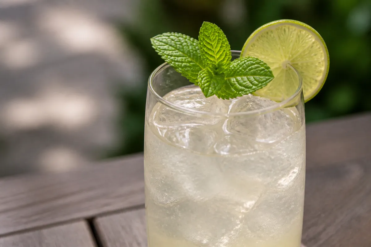 Gin Gin Mule served in a highball glass over ice, pale, garnished with a mint bouquet and lime.