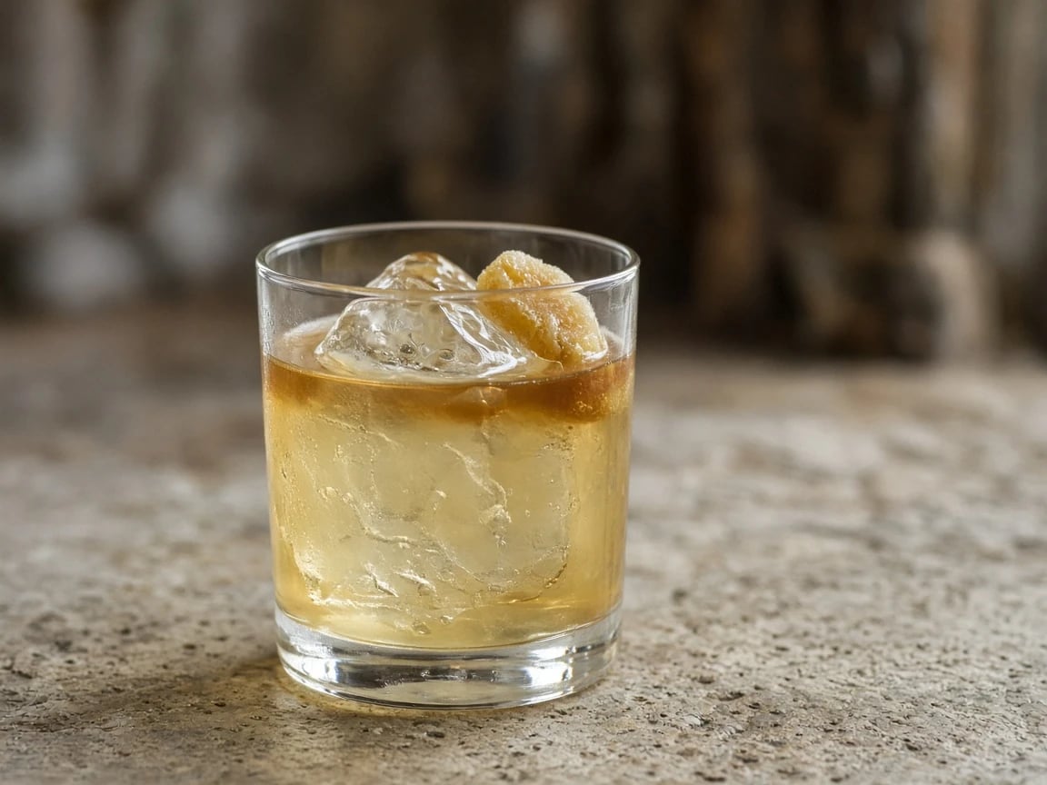 Penicillin in a rocks glass over a large ice cube with candied ginger garnish.