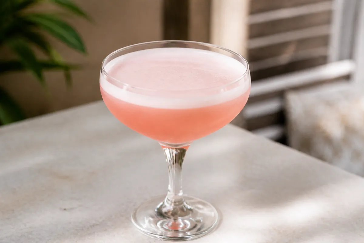Pink Lady served in a chilled coupe, pale pink with foam, no heavy garnish.