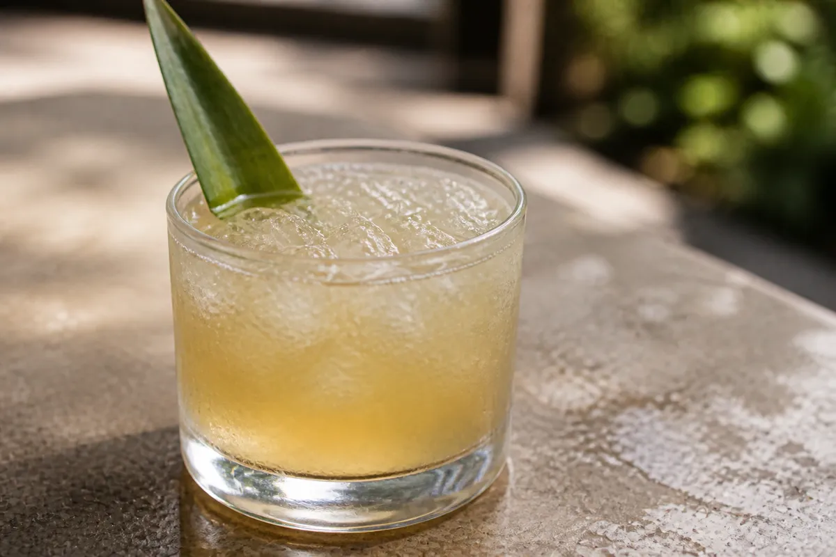 Pisco Punch in a rocks or punch cup over ice, pale gold pineapple, pineapple leaf or mint.