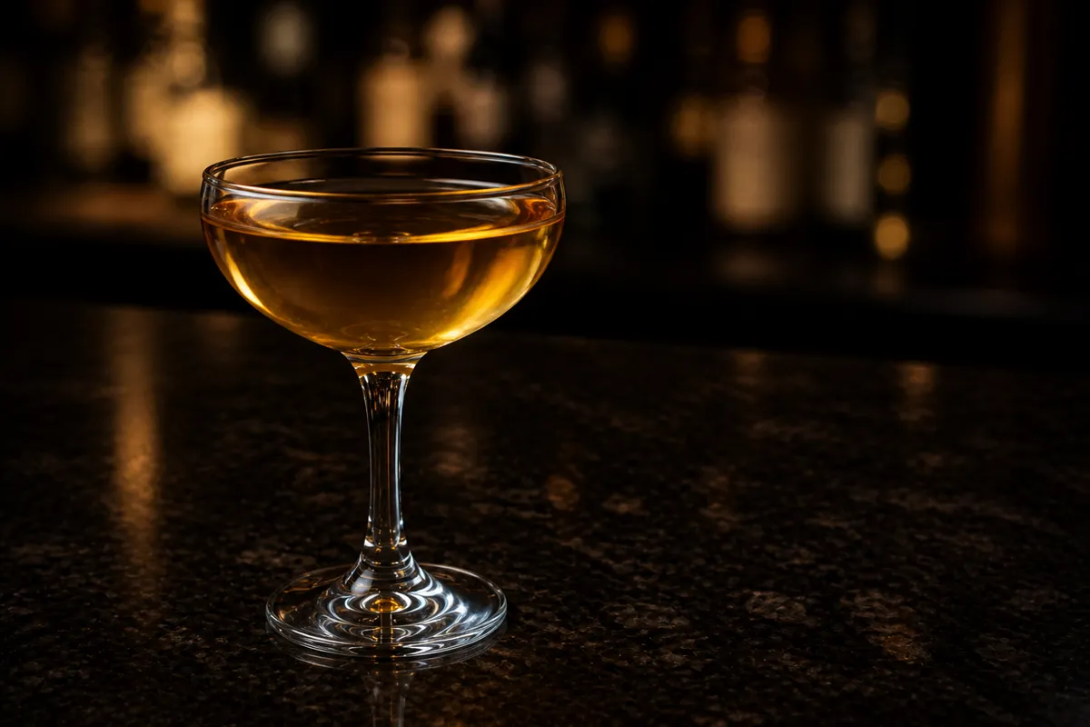 Widow's Kiss served in a chilled coupe, golden-amber in color, no fruit garnish required.