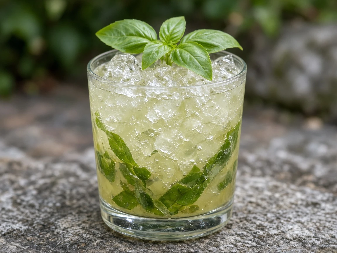 Basil Smash in a rocks glass over ice with a fresh basil bouquet.