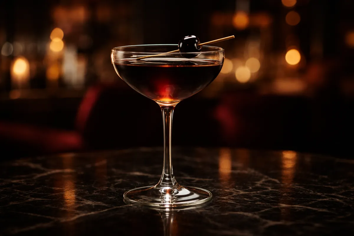 A Black Manhattan in a coupe with a brandied cherry.