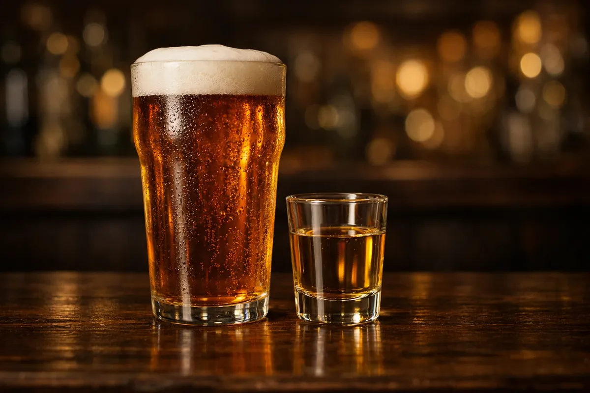 A Boilermaker with beer and whiskey shot together.