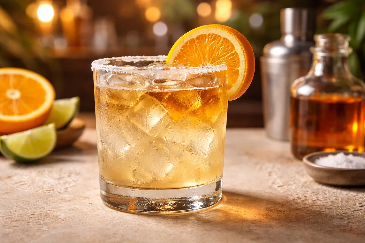 A Cadillac Margarita over ice with a visible Grand Marnier float.