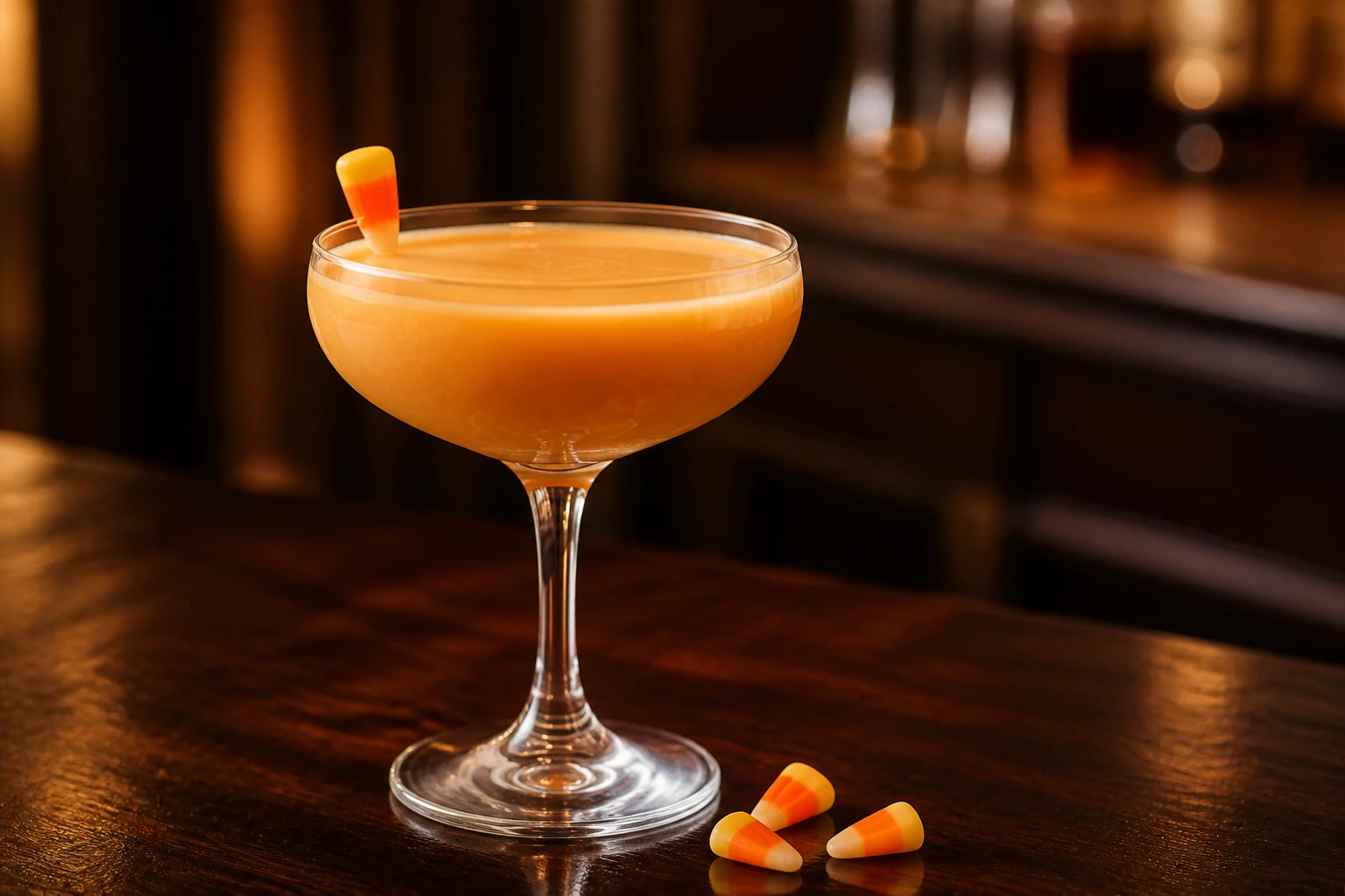 Candy Corn Martini in a coupe, pale orange cream dessert cocktail with candy corn garnish.