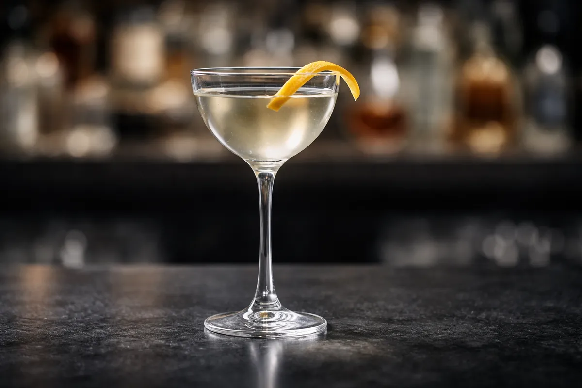 A Coronation in a Nick & Nora glass with a lemon twist.