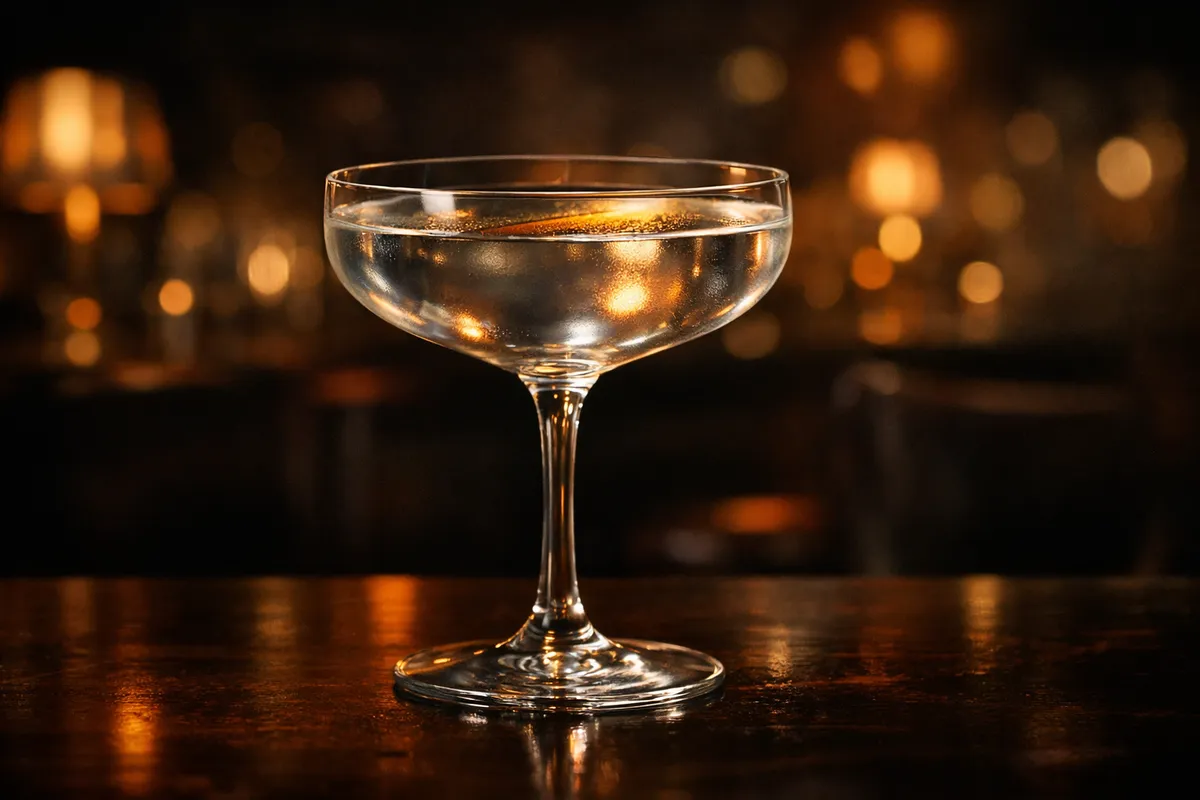 A Flame of Love in a coupe with no solid garnish but an oily sheen on the surface.