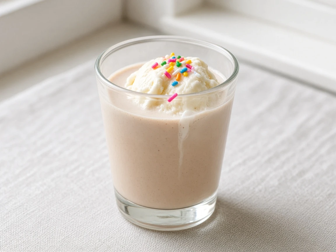 Ice Cream Cake Shot in a shot glass, pale cocoa, a small melting scoop of vanilla ice cream and rainbow sprinkles.