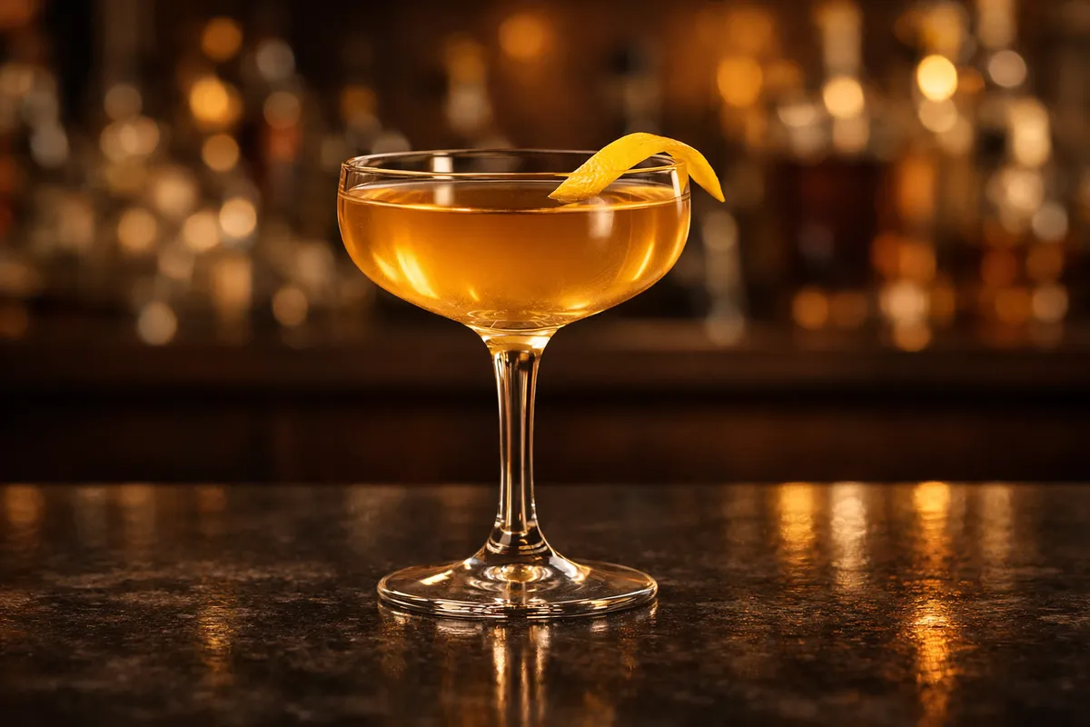 A Japanese Cocktail in a coupe with lemon twist.