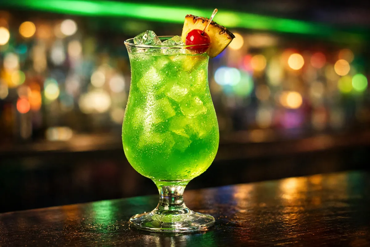 A June Bug in a hurricane glass with pineapple and cherry.