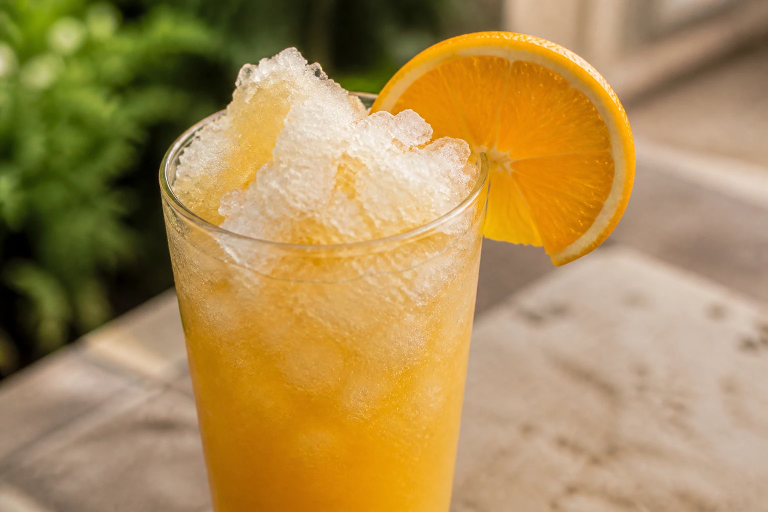 Orange Crush in a highball packed with shaved crushed ice and an orange wheel on a sunny patio.