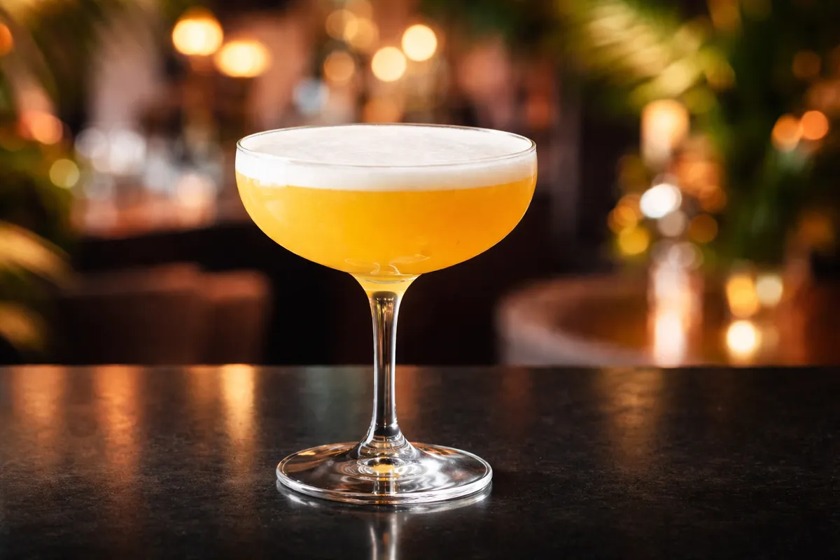 A Pornstar Martini with passionfruit half floating on the foam.