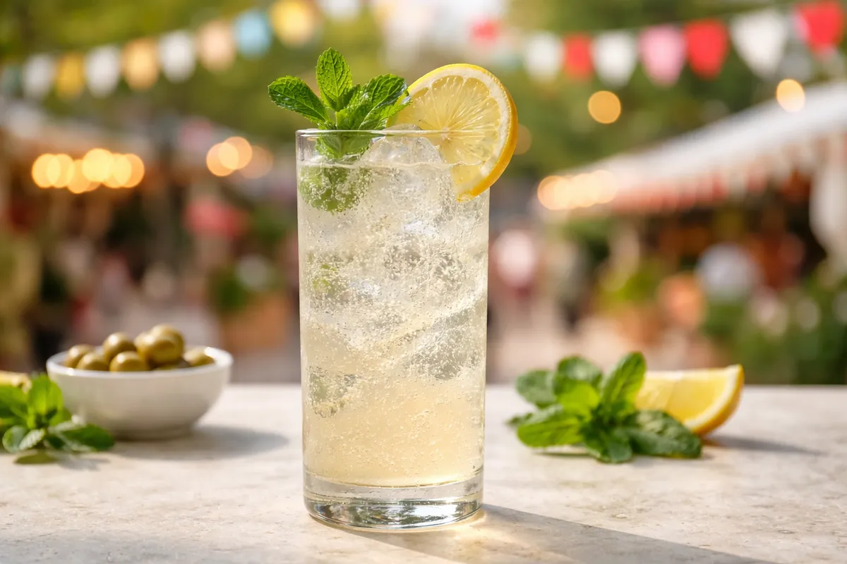 A Rebujito in a highball glass with mint and a lemon wheel.